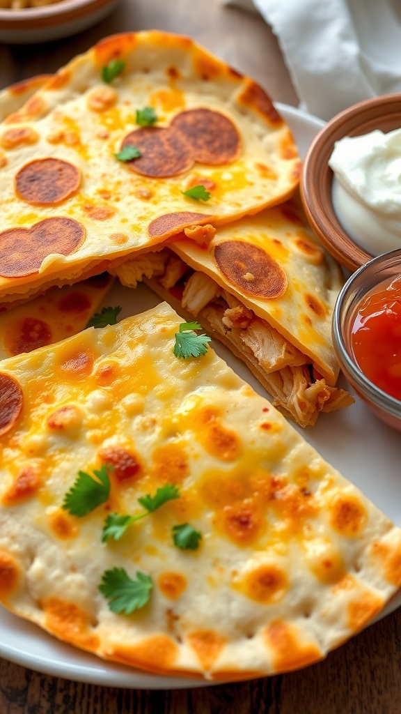 Cheesy chicken quesadilla cut into wedges, served with salsa and sour cream.